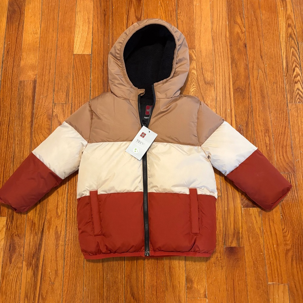 NEW Swiss Tech Kids 5T Puffer Jacket Brown Multi Colorblock Hooded Coat